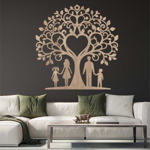 Družinsko drevo iz lesa za steno - oče, mama, hči in sin