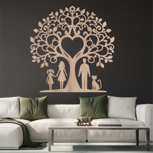 Družinsko drevo iz lesa za steno - oče, mama, hči in mačka