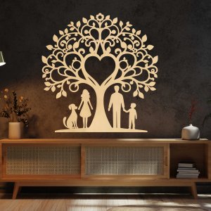 Družinsko drevo iz lesa za steno - oče, mama, sin in pes