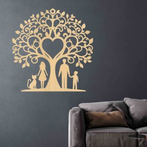 Družinsko drevo iz lesa za steno - mama, oče, sin in mačka