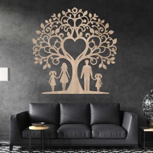 Družinsko drevo iz lesa za steno - mama, oče in hčerki