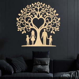 Družinsko drevo iz lesa za steno - mama, oče in dva sinova