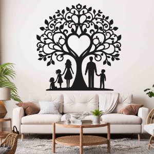 Družinsko drevo iz lesa za steno - mama, oče, dve hčeri in sin