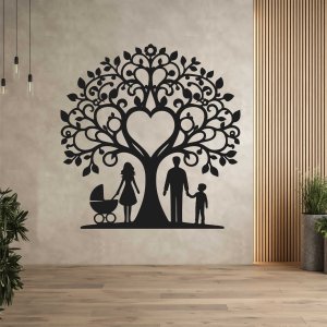 Družinsko drevo iz lesa za steno - mama, oče, sin in voziček
